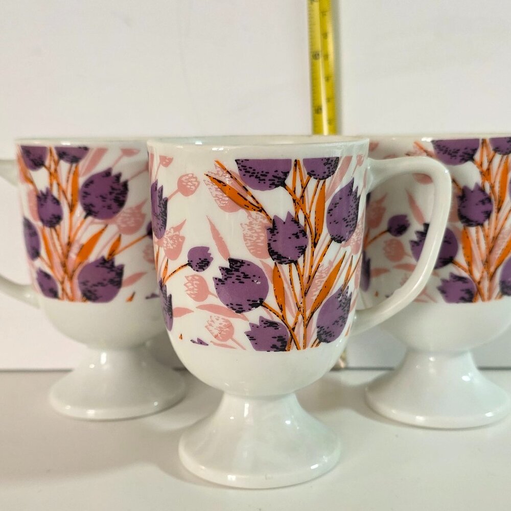 RARE Set of Vintage Trimtonware Colorful Purple Tulips Porcelain Pedestal Mugs 1